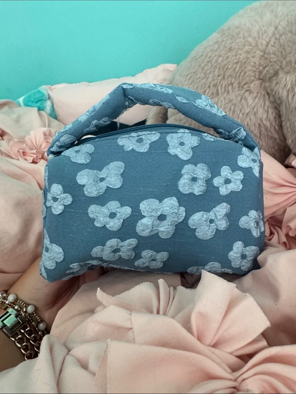 Ulta Beauty Blue Floral Handle Cosmetic Pouch